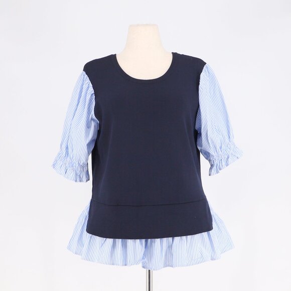 Anthropologie Layered Poplin-Sleeve Sweater Navy Stripe Size XL - Picture 2 of 7